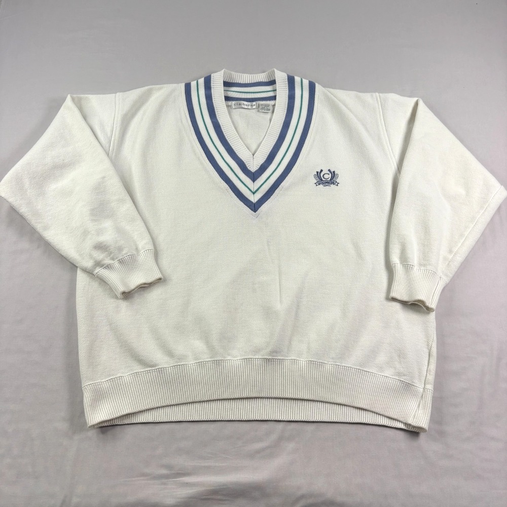 Vintage Claiborne Sweater Mens Large White Blue Tennis V-Neck Preppy 90s